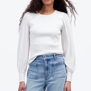 NWT Madewell Ribbed Puff-Sleeve Top in White